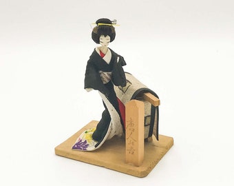 Japanese Geisha Black Kimono and Obi Sash on a Wooden Base Lucky Charm Figurine Vintage Souvenir Doll from Japan