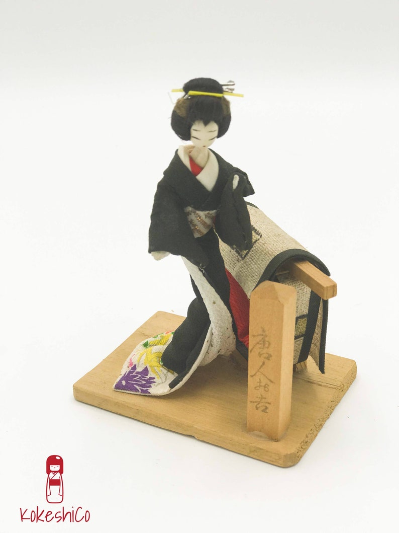 Japanese Geisha Black Kimono and Obi Sash on a Wooden Base Lucky Charm Figurine Vintage Souvenir Doll from Japan