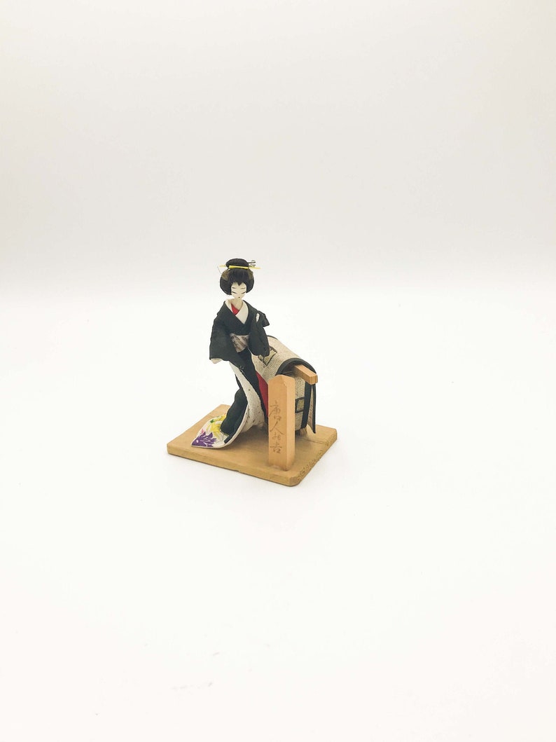 Japanese Geisha Black Kimono and Obi Sash on a Wooden Base Lucky Charm Figurine Vintage Souvenir Doll from Japan