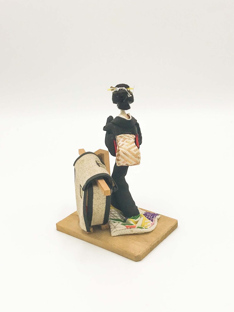 Japanese Geisha Black Kimono and Obi Sash on a Wooden Base Lucky Charm Figurine Vintage Souvenir Doll from Japan