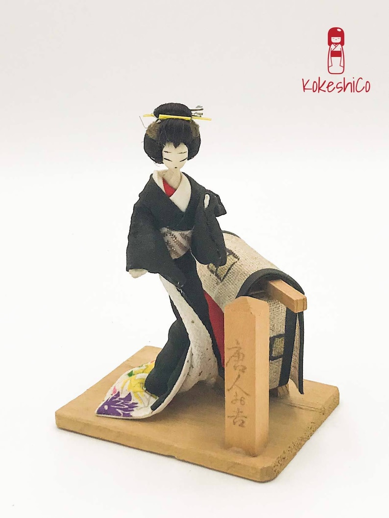 Japanese Geisha Black Kimono and Obi Sash on a Wooden Base Lucky Charm Figurine Vintage Souvenir Doll from Japan