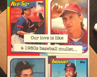 Drôle de carte de Saint-Valentin faite à la main | « Notre amour est comme un mulet de baseball des années 1980 » | Carte de La Saint-Valentin de baseball pour lui | Carte d’anniversaire rétro