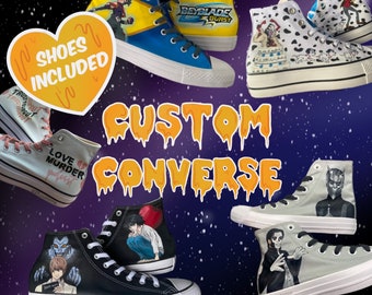 May include: A collection of custom Converse sneakers with various designs, including anime characters, a skull, and a heart with the text "Love Murder" on it. The text "Shoes Included" is on a heart-shaped sticker. The text "CUSTOM CONVERSE" is in a dripping font.