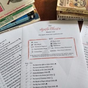 Puede incluir: Una lista de verificación de los libros de Agatha Christie en orden de publicación. La lista incluye el título del libro, el autor y el año de publicación. La lista está dividida en categorías por personaje, como Poirot, Miss Marple y Tommy & Tuppence.
