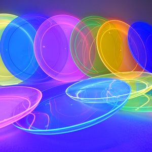 DirectGlow Neon Blacklight Reactive Hard Plastic Assorted 10.25 inch Party Plates Glow Birthday Holiday
