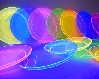 DirectGlow Neon Blacklight Reactive Hard Plastic Assorted 10.25 inch Party Plates Glow Birthday Holiday