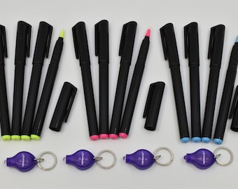 DirectGlow 12 Invisible Ink Markers & 4 UV LED Lights UltraViolet Blacklight Pens Blue Red Yellow Assorted