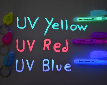DirectGlow Set of 3 Invisible UV Blacklight Ink Markers Blue Red Yellow with UV Lights