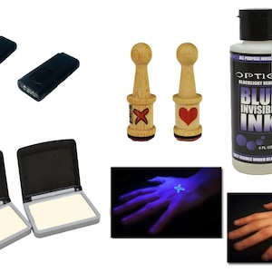 May include: A set containing two black UV flashlights, two wooden stamps with red heart and cross symbols, two bottles of 4 fl oz Opticz blue invisible ink, two white ink pads, and two images showing a glowing mark on a hand under blacklight.
