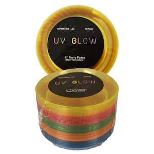 May include: A stack of 40 UV glow 6-inch party plates in assorted colors. The plates are yellow, orange, red, green, blue, and purple. The plates are packaged in a clear plastic wrap.
