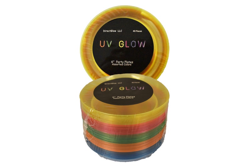 May include: A stack of 40 UV glow 6-inch party plates in assorted colors. The plates are yellow, orange, red, green, blue, and purple. The plates are packaged in a clear plastic wrap.