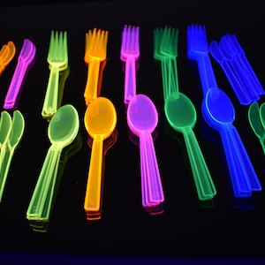 DirectGlow Neon Blacklight Reactive Hard Plastic Assorted Cutlery Glow Party Birthday Holiday