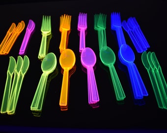 DirectGlow Neon Blacklight Reactive Hard Plastic Assorted Cutlery Glow Party Birthday Holiday