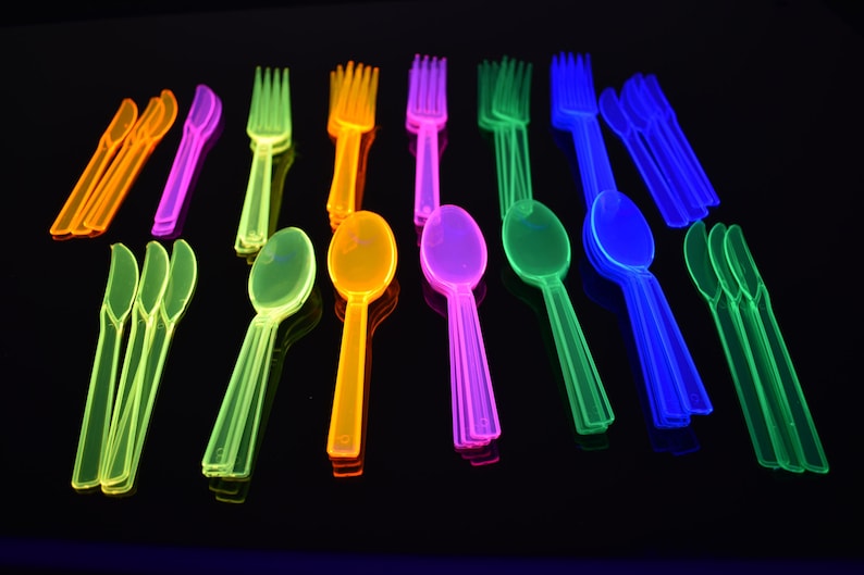 DirectGlow Neon Blacklight Reactive Hard Plastic Assorted Cutlery Glow Party Birthday Holiday