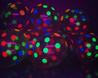 Clear Latex 11 inch UV Blacklight Reactive Neon Multicolor Polka Dots Glow Party Balloons Helium Compatible