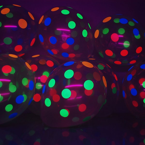 Clear Latex 11 inch UV Blacklight Reactive Neon Multicolor Polka Dots Glow Party Balloons Helium Compatible