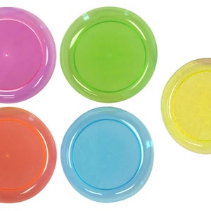 May include: Five round, clear plastic plates in different colors: pink, green, yellow, orange, and blue.