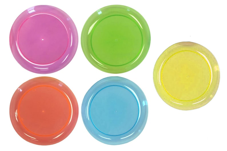 May include: Five round, clear plastic plates in different colors: pink, green, yellow, orange, and blue.