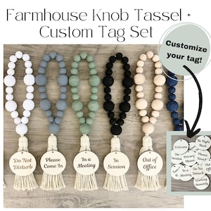 Farmhouse Loop Knob Tassel with 1 Custom Engraved Tag | In Session Sign | Custom Door Knob Hanger | Do Not Disturb Sign | Custom Office Sign