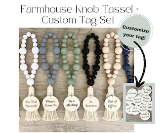 Farmhouse Loop Knob Tassel with 1 Custom Engraved Tag | In Session Sign | Custom Door Knob Hanger | Do Not Disturb Sign | Custom Office Sign
