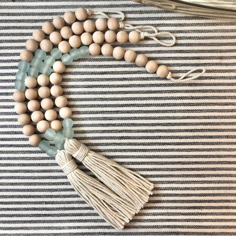 Sea Glass and Wood Curtain Tie Back | Curtain Holdback with Tassel | Beach Bedroom Decor | Beach Tieback | Beaded Tiebacks | Coastal Decor 