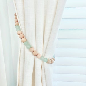 Sea Glass and Wood Curtain Tie Back | Sea Glass Curtain Holdback | Beach Bedroom Decor | Beach Tieback | Beaded Tiebacks | Coastal Decor