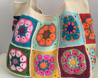 African Flower Crochet Bag , Crochet Bag , Handmade Bag , Granny Square Bag , Crochet Shoulder Bag , Crochet Afghan Bag , Crochet Tote Bag