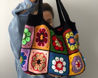 African Flower Crochet Bag , Crochet Bag , Handmade Bag , Granny Square Bag , Crochet Shoulder Bag , Crochet Afghan Bag , Crochet Tote Bag