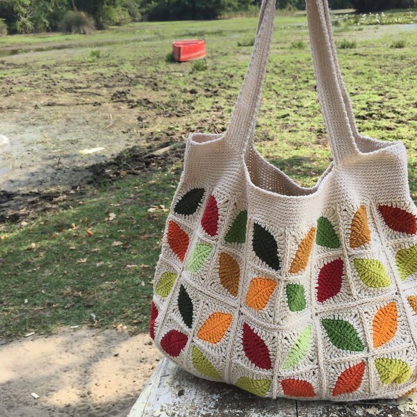 Leaf Crochet Bag, Granny Square Afghan Bag, Crochet Purse, Summer Bag, Boho Bag, Vintage Style, Hippie Bag, Granny Square Shoulder Bag, Gift