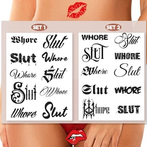 Set of Slut/Whore Adult Temporary tattoos, Tramp Stamps, DDLG,  Fetish, Lewd, Sexy Tattoo, ABDL. 2 sets to choose from