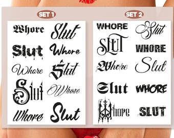 Set of Slut/Whore Adult Temporary tattoos, Tramp Stamps, DDLG,  Fetish, Lewd, Sexy Tattoo, ABDL. 2 sets to choose from