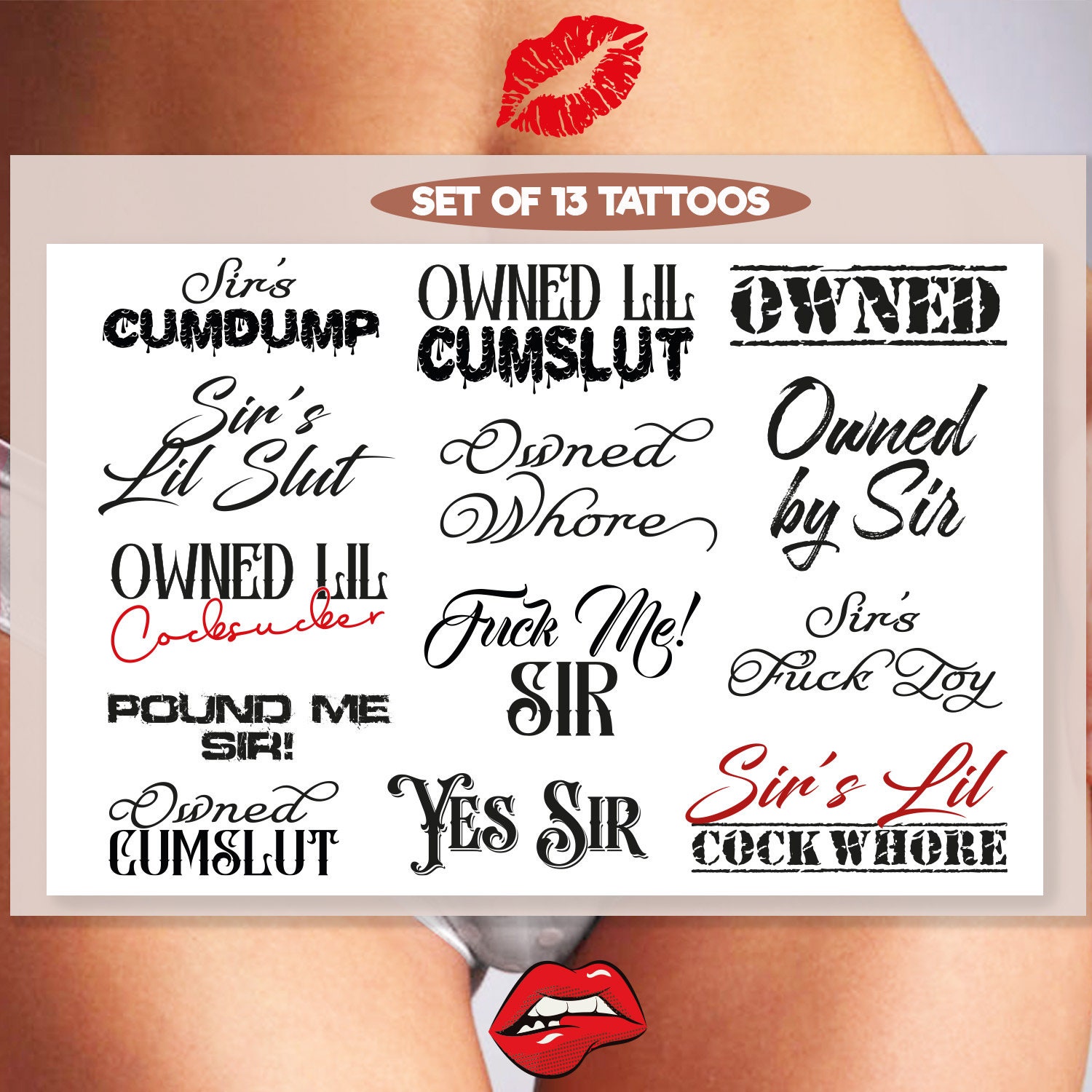Set of 'SIR/OWNED' Adult Temporary tattoos, Dom,  Fetish, Sexy Tattoo, Naughty Girl Tattoo, Sex Positive