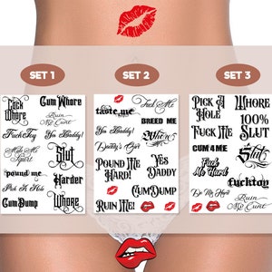 Sets of Adult Temporary tattoos, Tramp Stamps, DDLG,  Fetish, Sexy Tattoo, Naughty Girl Tattoo. 3 sets to choose from