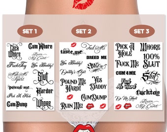 Sets of Adult Temporary tattoos, Tramp Stamps, DDLG,  Fetish, Sexy Tattoo, Naughty Girl Tattoo. 3 sets to choose from