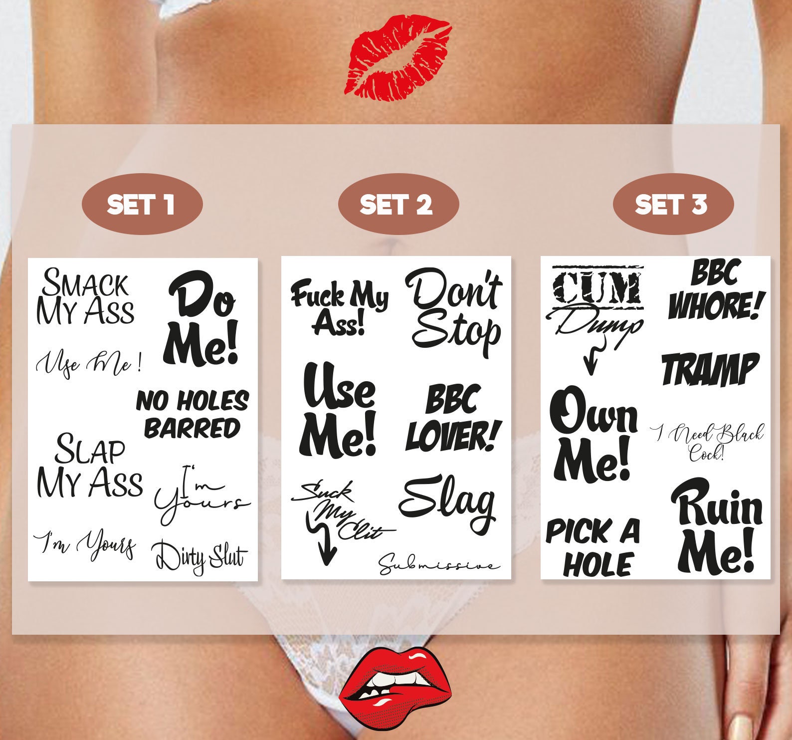 Sets of Medium Kinky Adult Temporary Tattoos Tramp Stamps picture