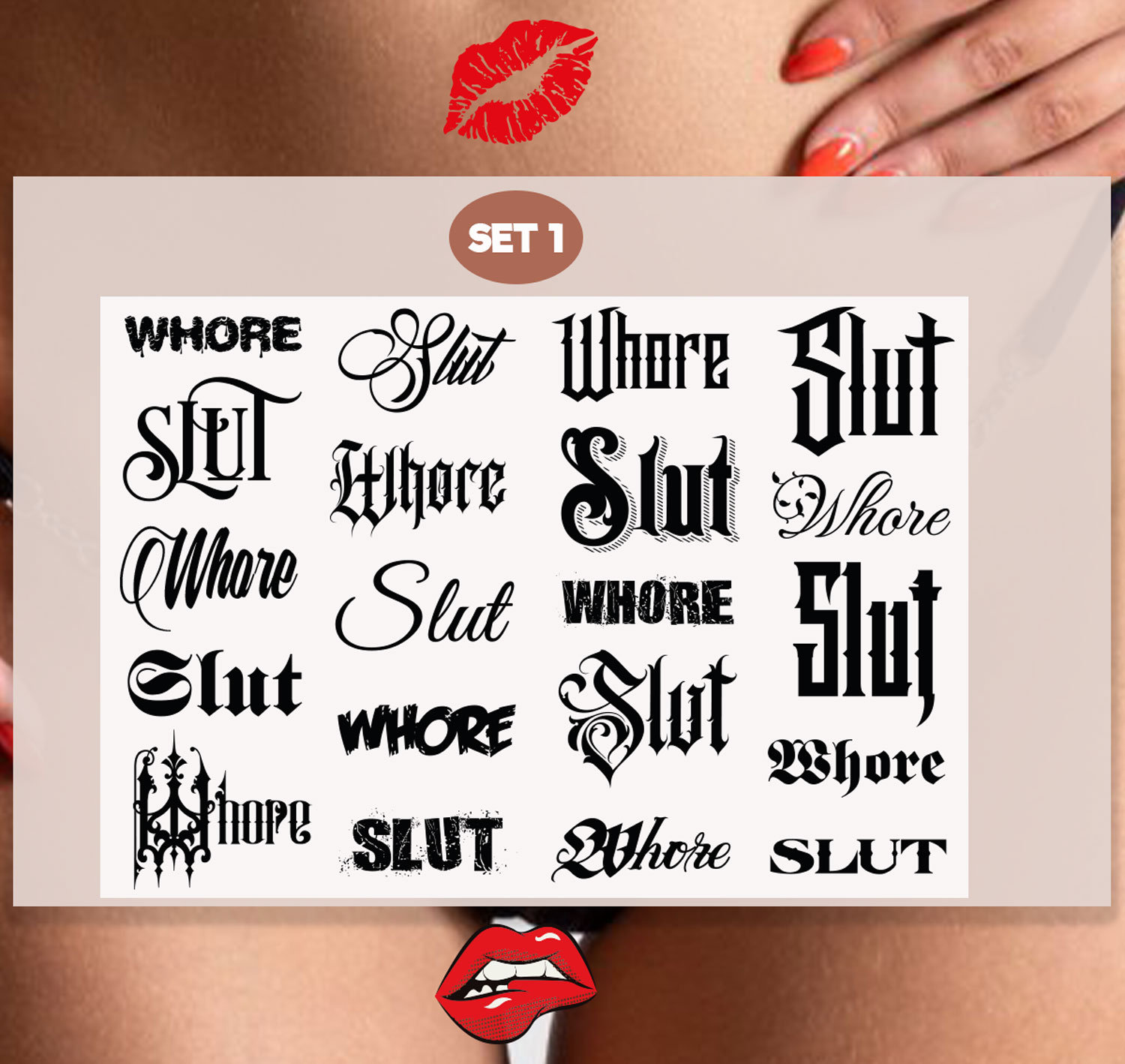 Set 0f 20 Slut/whore Temporary Tattoos Tramp Stamps Slut