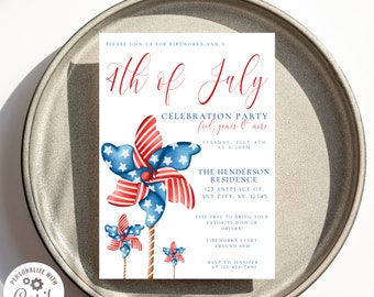 July 4th Celebration Invitation, Party Invite for July Fourth, Pinwheel Fourth of July Digital Invite, Independence Day Digital Invitation