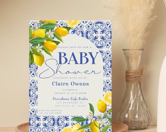 Mediterranean Blue Tile Lemon Baby Shower Printable Invitation, Baby Shower Lemon Invitation, Positano Lemon Baby Shower Invitation Download