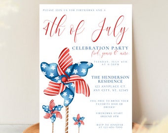 July 4th Celebration Invitation, Party Invite for July Fourth, Pinwheel Fourth of July Digital Invite, Independence Day Digital Invitation