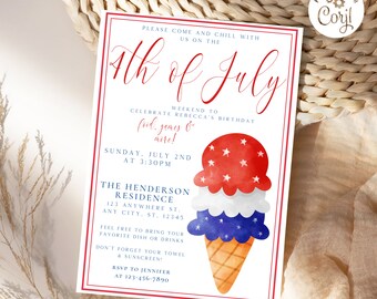 Ice Cream 4th of July Digital Invite, July 4th Birthday Celebration Invitation, Party Invite for July Fourth, Pool Party Digital Invitation