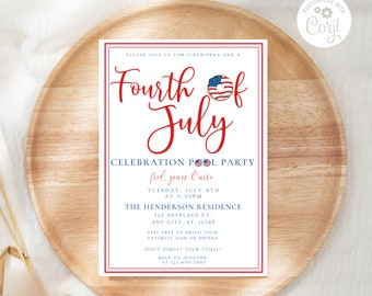 4th of July Independence Day Digital Invitation, Fourth of July Pool Party Celebration Invite, Red White Blue July 4th Pool Party Invitation