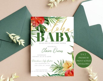 Hawaii Baby Shower Invitation Print Aloha Baby Shower Invitation By Mail, Palm Tree Beach Shower Invitation Printed, Luau Baby Shower Invite