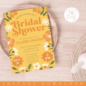 Flower Power Hippie Bridal Shower Invitation, Retro Bridal Shower Invitation Digital Download, Editable Groovy Retro Bridal Shower Template