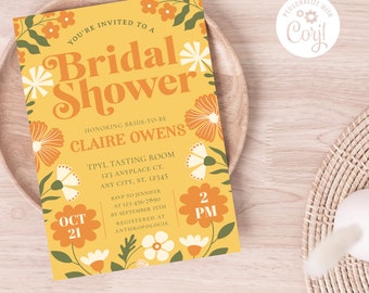 Flower Power Hippie Bridal Shower Invitation, Retro Bridal Shower Invitation Digital Download, Editable Groovy Retro Bridal Shower Template