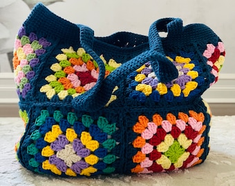 Häkeltasche, Oma-Quadrattasche, Häkeltasche, Strandtasche, süße Tasche, Geschenk für sie, Stricktasche, blaue Tasche