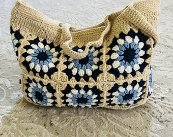 Crochet Bag, Granny Square Bag, Crochet Tote, Retro Bag, Cute Bag, Gift for her, Knit Bag, White/Blue