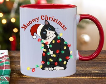 Cute Christmas Cat Mug, Christmas Gift for Cat Lovers, Christmas Cat Mug, Meowy Christmas Mug,