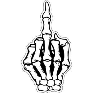 May include: Black and white illustration of a skeleton hand giving the middle finger. The hand is in a gesture of defiance, with the middle finger extended upwards. The design is outlined in black and white.