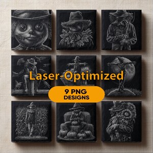 May include: A collection of nine square black and white digital illustrations featuring scarecrows in various settings, including fields and with pumpkins. The text Laser-Optimised and 9 PNG DESIGNS is overlaid in yellow on the centre of the grid.