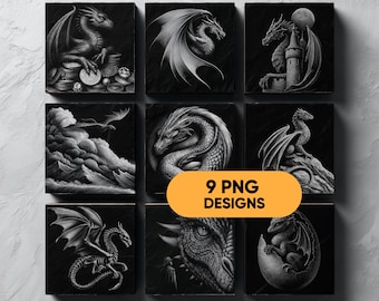 Dragon Slate Coaster PNG Bundle, 9 Engraving Files with Fire-Breathing, Asian & Fantasy Dragons, Glowforge Laser Burn, Digital Download